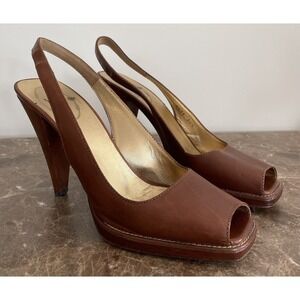 PRADA Brown Leather Platform Pumps Sling Back Wood Cone Heel Peep Toe 38.5 - 8.5